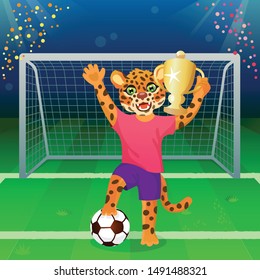 A jaguar in uniform standing on the ball and cheering with goblet on the soccer field