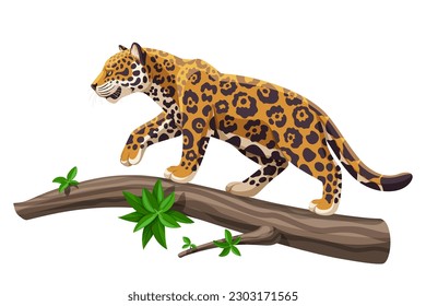 Jaguar caminando sobre una ilustración vectorial del tronco del árbol. Gran gato tropical jaguar o leopardo en un árbol. Especies animales en peligro de extinción. Vector de acciones