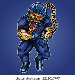 jaguar who became the mascot of American football complete with the clothes of the players, and the position of the body standing while holding the ball in his hands.