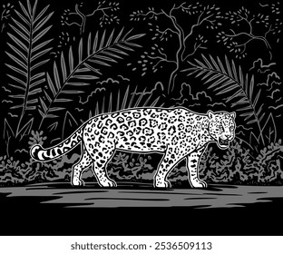 Jaguar en la selva salvaje. Caza de gatos grandes en el bosque tropical. Zoológico y fauna. Animales en la naturaleza. Arte vectorial ilustración en blanco y negro. Contorno de estilo dibujado a mano