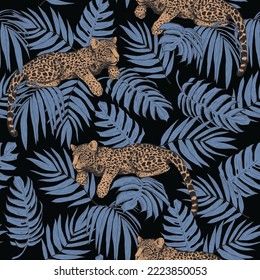 Los jaguares yacen en las ramas de un árbol. Patrón sin foco de hojas tropicales y leopardos. Una ilustración moderna y luminosa de colores de moda.