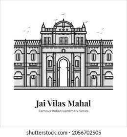 Jai Vilas Mahal Indian Famous Iconic Landmark Cartoon Line Art Illustration