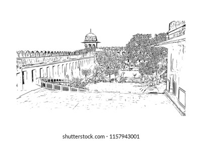 Jaigarh Fort, Historical place museum in Jaipur, Rajasthan, India. Hand drawn sketch illustration in vector.