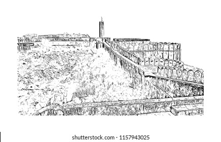 Jaigarh Fort, Historical place museum in Jaipur, Rajasthan, India. Hand drawn sketch illustration in vector.