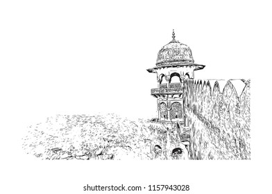 Jaigarh Fort, Historical place museum in Jaipur, Rajasthan, India. Hand drawn sketch illustration in vector.