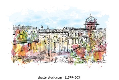 Jaigarh Fort, Historical place museum in Jaipur, Rajasthan, Watercolor splash with India. Hand drawn sketch illustration in vector.