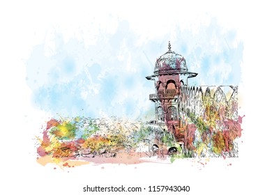 Jaigarh Fort, Historical place museum in Jaipur, Rajasthan, Watercolor splash with India. Hand drawn sketch illustration in vector.