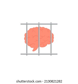 Jail Bars Icon With Lattice And Brain Inside. Isolated Vector Illustration On White Background.