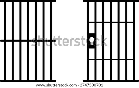 Jail bars with locked and unlocked gate on transparent background