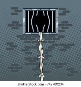 Jail break pop art retro vector illustration. Escape using rope from sheets. Comic book style imitation.