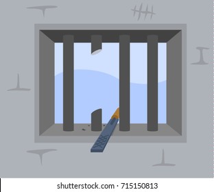 Jail Break. Window In Prison. Prison Cell. Organize An Escape. Broken Iron Bars.