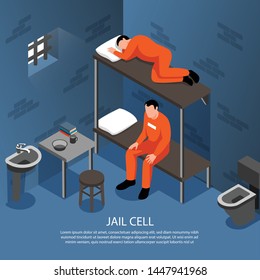 Jail Cell Interior Background With Metal Bars On Window Toilet Bowl Sink And  Two Inmates On Bunk Bed Isometric Vector Illustration