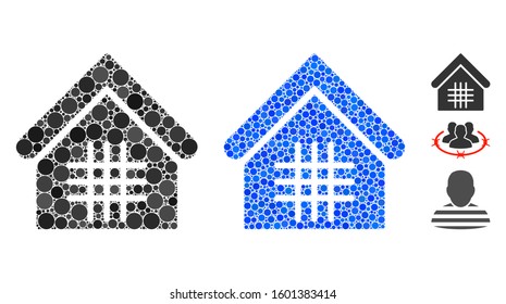 Jail composition of circle elements in various sizes and color tinges, based on jail icon. Vector circle elements are combined into blue composition. Dotted jail icon in usual and blue versions.