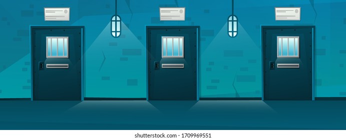 Jail corridor with Door in cartoon style.Hallway prison cell interior with lattice. Cartoon vector