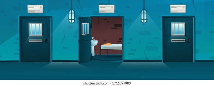 Jail corridor with empty single cells in cartoon style. Open door. Hallway prison cell interior with lattice. Cartoon vector