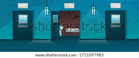 Jail corridor with empty single cells in cartoon style. Open door. Hallway prison cell interior with lattice. Cartoon vector