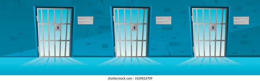 Jail Corridor With Grid Door In Cartoon Style.Hallway Prison Cell Interior With Lattice. Cartoon Vector