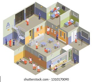 Jail detention facility interior isometric composition with prisoners in cells canteen gym and visitation area vector illustration