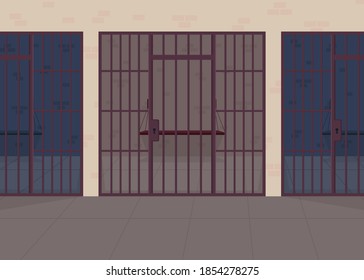 Jail flat color vector illustration. Police department. Detention center for prisoner. Punishment for legal crime. Justice and law. Prison 2D cartoon interior with bars row on background