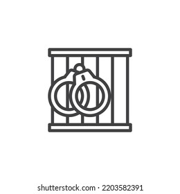 Icono de la línea de la cárcel y las esposas. signo de estilo lineal para concepto móvil y diseño web. Arresto, icono vectorial de contorno de castigo. Símbolo de justicia, ilustración del logo. Gráficos vectoriales
