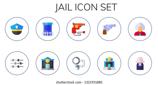 jail icon set. 10 flat jail icons.  Simple modern icons about  - police, barbed wire, Prison, revolver, handcuffs, judge
