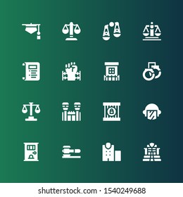 jail icon set. Collection of 16 filled jail icons included Police, Police station, Law, Jail, Handcuffs, Prison, Barbed wire, Justice, Judging, Judge