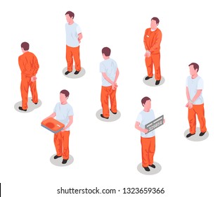 Jail inmates criminals arrested incarcerated persons male characters in prison detainee uniform isometric set isolated vector illustration