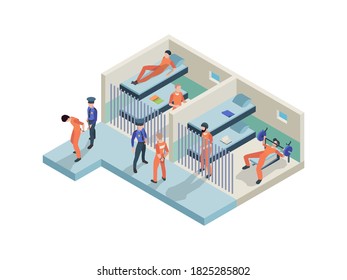 Jail Interior. Prisoners Sitting In Cameras Walking Police Guards In Jail Rooms Inmate Persons Vector Isometric