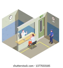 Jail Isometric Composition With Non Contact Telephone Visitation Glass Partition And Watching Prison Security Guard Vector Illustration