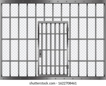 Jail lattice with door in prison. Isolated jail metallic bars frame with lock. Vector 3d illustration.