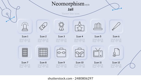 Jail neomorphism style line icons set. Alarm, badge, medal, star, bar chart, baseball bat, jail cell, calendar, briefcase, briefcase with star, TV, certificate. Law enforcement, security concept.