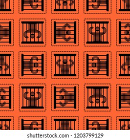 Jail pattern seamless. Prisoner in prison background. Perpetrator and bars on windows. Barbed wire around perimeter