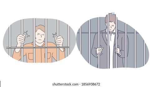 Jail, prison, arrest concept. Young angry unhappy depressed men cartoon character standing in prison cell and trying to get out and feel freedom. Prisoner, imprisonment and punishment illustration 