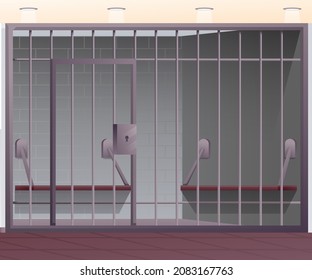 Jail prison metal bars with door and lock vector illustration. Realistic 3d benches inside cell for criminals after arrest, room with iron cage in police department for people suspected of crime