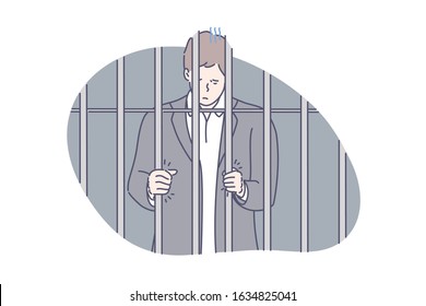 Jail, prisoner, fraud concept. Young unhappy man was sentenced to jail for fraud. Sad prisoner demands to let him out. Businesman made crime and was locked up in prison. Simple flat vector