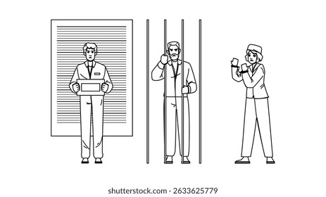 prisão prisioneiro pessoa vetor. crime criminoso, punição de homem, justiça cela prisão prisioneiro personagem pessoa. pessoas linha preta lápis desenho ilustração