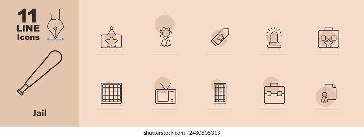 Jail set icon. Baseball bat, star plaque, medal, star sticker, police siren, briefcase with star, grid, television, document with ribbon, briefcase, badge. Law enforcement