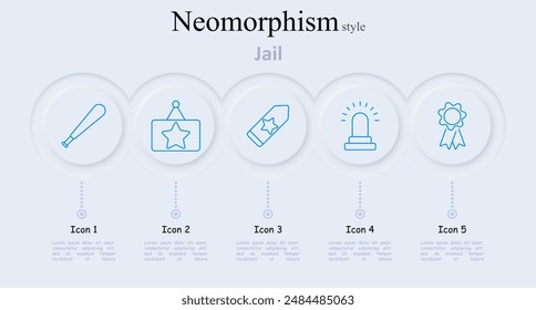 Jail set icon. Baseball bat, star badge, eraser, police light, medal, law enforcement, crime, prison, police, security, arrest, patrol, authority, criminal justice, punishment