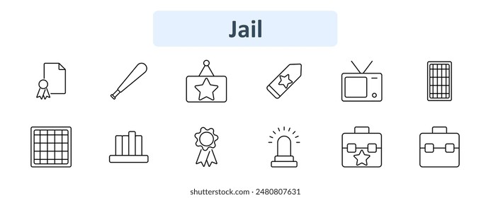 Jail set icon. Certificate, document, baseball bat, sheriff badge, TV, jail bars, pie chart, ribbon, police siren, briefcase. Law enforcement and prison concept.