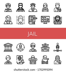 jail simple icons set. Contains such icons as Police, Lawyer, Prisoner, Cop, Law, Judge, Thief, Suspect, Legal, Officer, Justice, Police station, can be used for web, mobile and logo