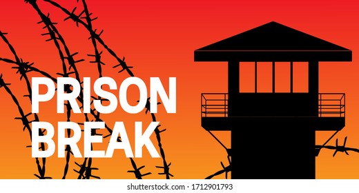 Jailbreak, barbed wire, prison tower vector