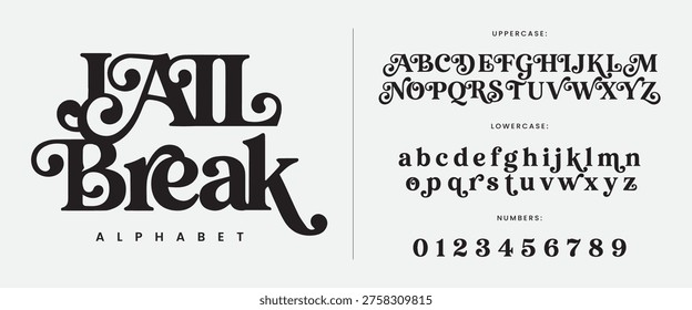 Jailbreak Bold Serif Display Font Alphabet Vector Featuring Unique Curly Swash And Vintage Decorative Typography Design