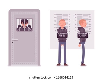 Jailed thief and a criminal mugshot. Imprisoned masked bandit, arrested suspect man photo, measurement for identification in police station office. Vector flat style cartoon illustration