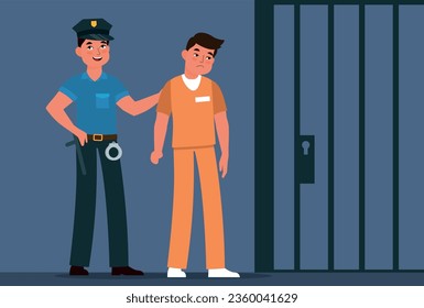 Jailer leads convict to prison cell. Policeman and prisoner in handcuff near jail. Jailhouse cage lattice. Punishment system. Cartoon flat style vector imprisoning lawbreakers concept