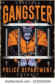 Jailhouse vintage colorful vertical poster with angry handcuffed gorilla prisoner in orange jumpsuit smoking cigar behind bars, vector illustration