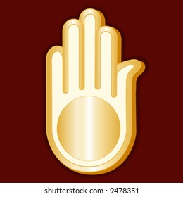 Jain Symbol. Golden Ahimsa icon of the Jain faith isolated on a crimson background. EPS8 compatible.