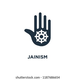 Jainism icon. Black filled vector illustration. Jainism symbol on white background. Can be used in web and mobile.
