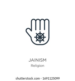 Jainism icon. Thin linear jainism outline icon isolated on white background from religion collection. Line vector sign, symbol for web and mobile