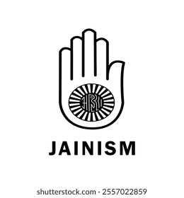 Jainism Symbol: The five-fingered hand, a prominent symbol of Jainism, features the "Om" symbol within a circle surrounded by radiating lines. It represents the five virtues of Jainism, non-violence.