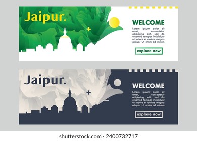 Jaipur city banner pack with abstract shapes of skyline, cityscape, landmark. India, Rajasthan vector horizontal illustration layout set for brochure, website, page, presentation, header, footer